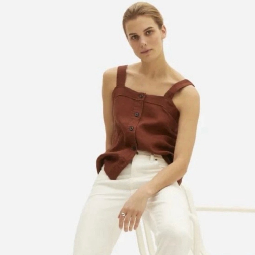 Women's Everlane Brown Linen Button-Up Tank Top 6